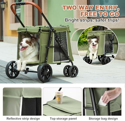 Medium Dog Stroller, Dual Entry One-Touch Folding,Small and Medium Pet Stroller,360° Rotating Front Wheels,80 lbs Weight Capacity for Outdoor Travel and Elderly Dogs - Green