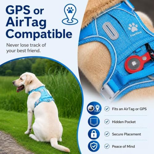 PawWave No Pull Dog Harness with Built-in Hidden AirTag & GPS Tracker Holder, Reflective Adjustable Escape-Proof Vest Harness for Small & Medium Dogs (Blue, L)