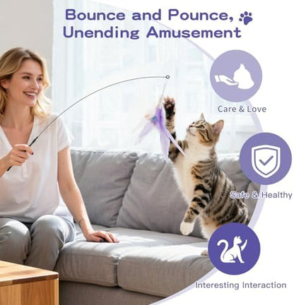 Pawaboo Cat Feather Wand Interactive Toy, 2 Feathers + 1 Wand with Bell