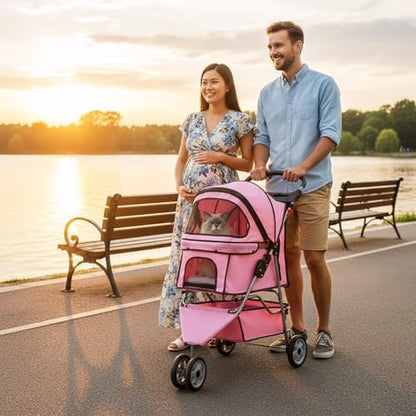 BestOffice Pet Stroller for Small Medium Dogs & Cats, 3-Wheel Foldable Dog Stroller with Cup Holder, Lightweight Travel Carrier, Waterproof Design for Outdoor Walks, Pink