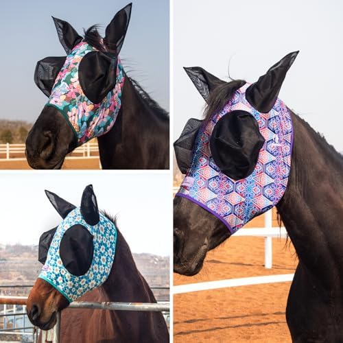 Stretchy Fly Mask for Horses 3-Pack, Mane Opening Design, Large Eye Space, Breathable & Soft on Skin (Artistic Floral Mix, Cob (Medium))