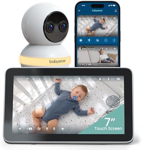 Babysense Touch 7" Touchscreen Smart WiFi Baby Monitor with App, Camera and Audio, Night Light, 4MP Dual-Lens with 6X Zoom, AI Auto Tracking, Focus Area, Split-Screen, VOX/ECO Mode, No Subscription