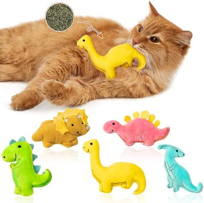 MALLMALL6 5Pcs Dinosaur Catnip Toys for Cat, Indoor Cat Chew Bite Kick Catmint Pet Supplies for Kitten Lover Gifts, Interactive Pet Toy with Cute Expression