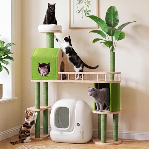 Wood Cat Tower for Self-Cleaning Litter Box, with Faux Plant, 58In