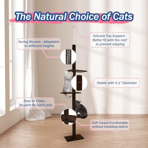 Cat Craft Cat Tree Floor to Ceiling 95-108" Tall Cat Tree Carpet Cat Tower Kitten Tree Sisal Scratching Post and Mat Cat Pole for Indoor Cats, Dark Brown, 4-Tier