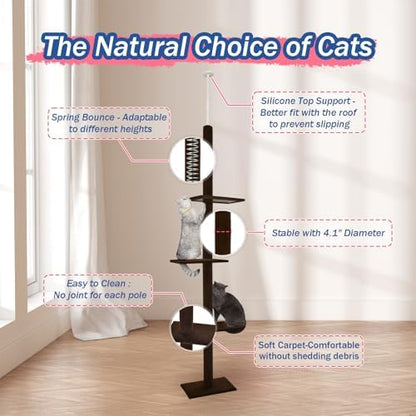 Cat Craft Cat Tree Floor to Ceiling 95-108" Tall Cat Tree Carpet Cat Tower Kitten Tree Sisal Scratching Post and Mat Cat Pole for Indoor Cats, Dark Brown, 4-Tier