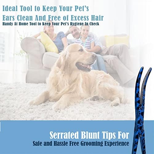 Dog Pet Ear/Nose Hair Puller Grooming Hemostat Locking Forceps Curved Pliers, 5.5" (14cm) Full Serrated Clamps Stainless Steel (Blue Paws)