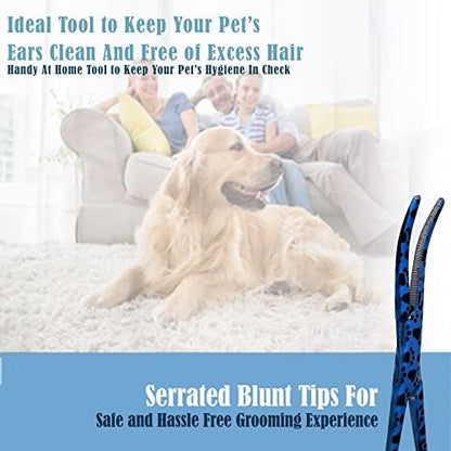 Dog Pet Ear/Nose Hair Puller Grooming Hemostat Locking Forceps Curved Pliers, 5.5" (14cm) Full Serrated Clamps Stainless Steel (Blue Paws)
