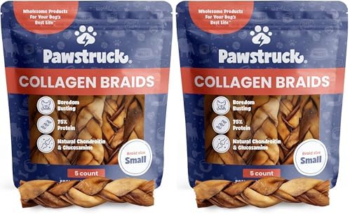Pawstruck Natural 5-7” Beef Collagen Braids for Dogs - Healthy Long Lasting Alternative to Traditional Rawhide & Bully Sticks Chew Treats w/Chondroitin & Glucosamine - 5 Count - Packaging May Vary