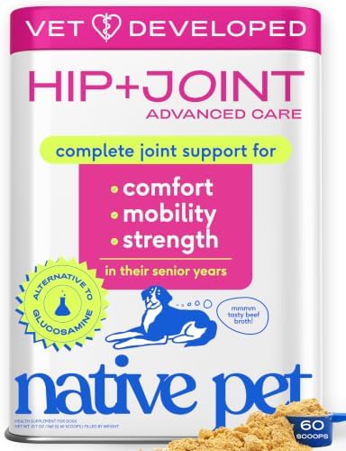 Native Pet Hip and Joint Supplement Dogs - Powder with UC-II Collagen and HMB - Senior and Large Breed Dog Joint Support - Made in USA - 60 Scoops