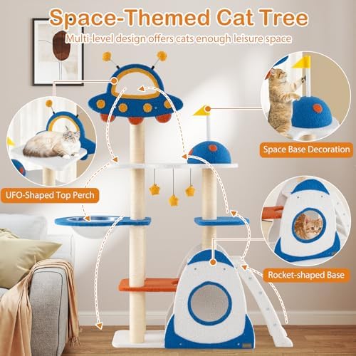 PETSITE 64.5 Inch Space-Themed Cat Tree, Multi-Level Cat Tower with Sisal Scratching Posts, UFO-Shaped Top Perch, Climbing Ladder, Hanging Star-Shaped Jingling Toys, Cute Cat Tree for Indoor Cats