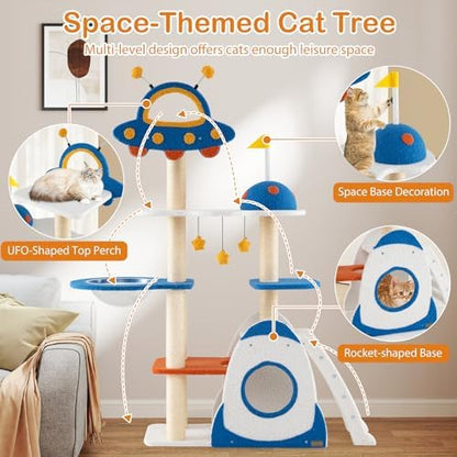 PETSITE 64.5 Inch Space-Themed Cat Tree, Multi-Level Cat Tower with Sisal Scratching Posts, UFO-Shaped Top Perch, Climbing Ladder, Hanging Star-Shaped Jingling Toys, Cute Cat Tree for Indoor Cats
