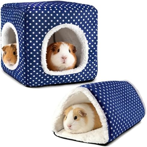 Guinea Pig Hideout, Dwarf Rabbit Bed with Play Tunnel, Washable Fleece House for Dwarf Bunnies, Chinchillas, Hedgehogs, Small Animal Cage Accessories Blue Dot