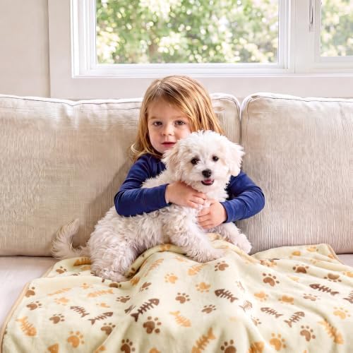 Luciphia 1 Pack 3 Blankets, Cute Cat Printed Fluffy Fleece Pet Blanket for Dogs Cats Washable, Warm Soft Throw Cover for Crate Couch, Gifts Puppy Essentials, White/Grey/Khaki, Large (41x31 inch)