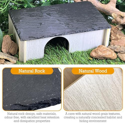 PINVNBY Bearded Dragon Basking Platform, Wood Reptile Hides and Caves, Crested Gecko Hide with Slate Rock, Leopard Gecko Tank Accessories for Small Lizard Snake (M: 9.84x5.9x2.76 inches)