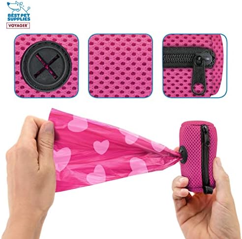 Best Pet Supplies Dog Poop Bag Holder Leash Attachment with Reusable Dispenser for Travel, Walking, Park, and Outdoor Use, Durable with Clip-On - Fuchsia, Mesh Dispenser w/15 Bags