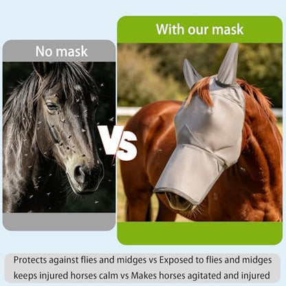 Raelitego Horse Fly Mask with Ears & Nose, Breathable Mesh, UV Protect (M)