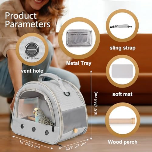 Bird Carrier, Portable Small Bird Parrot Parakeet Carrier with Standing Perch and Stainless Steel Tray, Side Access Window Collapsible (Grey, Horizontal Perch)