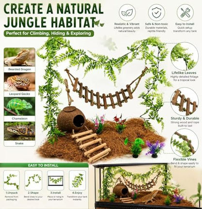 Crested Gecko Tank Accessories, Reptile Bridge and Plants with Coconut Shell Ladder Hideout, Natural Terrarium Decor for Lizard, Chameleon, Leopard Gecko, Snake, Hermit Crab and Tortoise (8PCS)