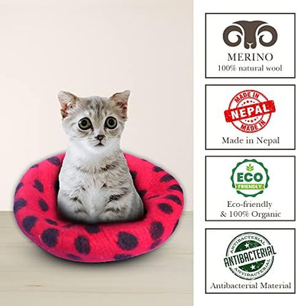 Woolygon Premium Felt Cat Cave Bed – Wool Kitty Beds Handcrafted Kitten Caves Bed for Indoor Cats - Made from Merino Wool, Foldable Cat Hideaway Covered Cat House Pod (Red Polka)