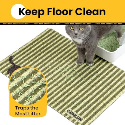 Conlun Cat Litter Mat Litter Trapping Mat, Premium Durable PVC Cute Cat Litter Box Mat, Non-Slip, Less Waste Kitty Litter Mat, Soft on Kitty’s Paws, 24”x 17” cat matts for litter, Green Stripe
