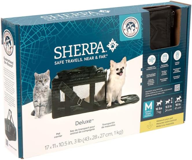 Sherpa Deluxe Guaranteed On Board Soft Sided Dog & Cat Carrier, Black, Medium