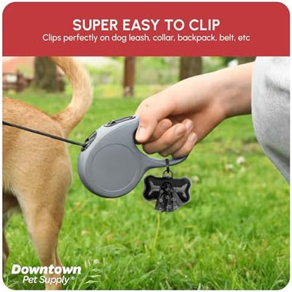Downtown Pet Supply Poop Bags for Dogs with Dispenser, 180 Count - Leak-Proof Dog Waste Bags and Bone-Shaped Dog Poop Bags Holder for Leash - Black with Paw Prints, 12.5" x 8.5"