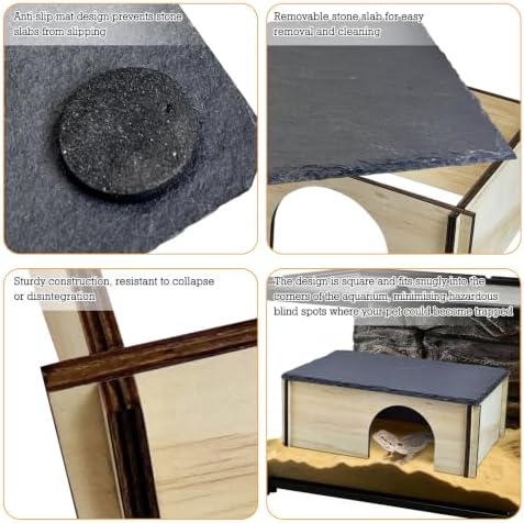 PINVNBY Large Bearded Dragon Basking Platform, Wooden Snake Hide, Ball Pythons Hide with Slate Rock, Leopard Gecko Tank Accessories for Geckos, Crested Gecko Chameleon Turtles (L: 11.8x7.87 inches)