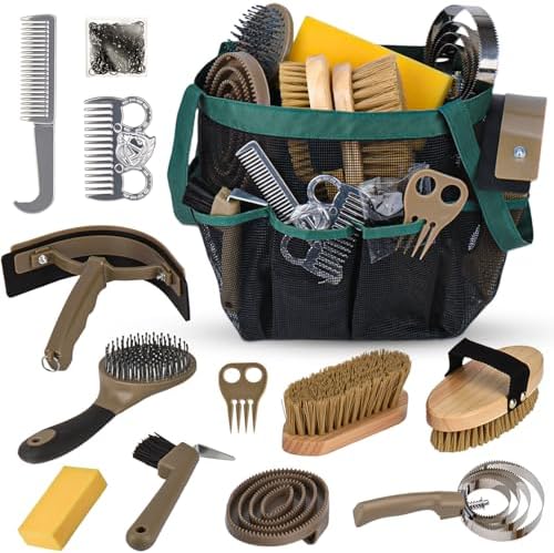 Horse Grooming Kit 13 Piece, Horse Brushes for Grooming Supplies Set with Organizer Bag, Horse Brush & Curry Comb for Effective Cleaning, Gift for Horses Riders Beginners