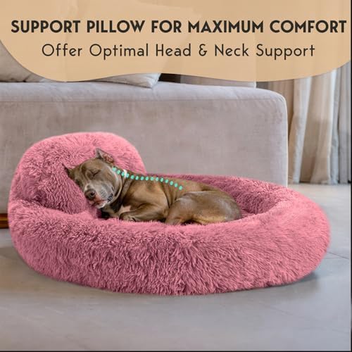PetJett Large Dog Bed - 36'' Calming Donut Dog Beds, Anti-Slip & Washable Large Round Bed, Fluffy Faux Fur Pet Bed, Super Soft Anti-Anxiety Premium Comfort Bed, Fits Dogs up to 80 lbs - Pink
