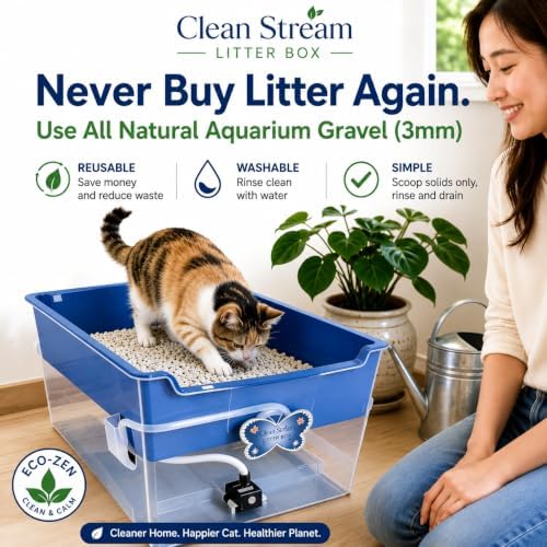 Clean Stream Litter Box - No More Disposable Litter, A Washable Litter Box System, Mess Free Water Clean, No Tracking, Eco-Friendly, Save Time + Money and User-Friendly System.