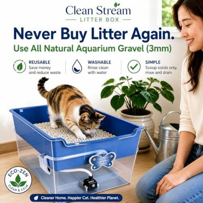 Clean Stream Litter Box - No More Disposable Litter, A Washable Litter Box System, Mess Free Water Clean, No Tracking, Eco-Friendly, Save Time + Money and User-Friendly System.