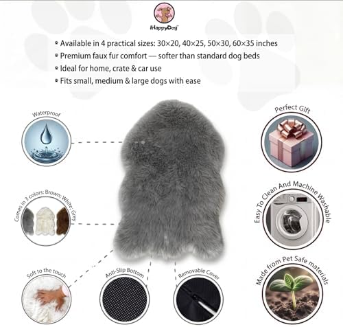IHAPPYDOG Faux Fur Orthopedic Dog Bed, Memory Foam, Grey 30"x20"