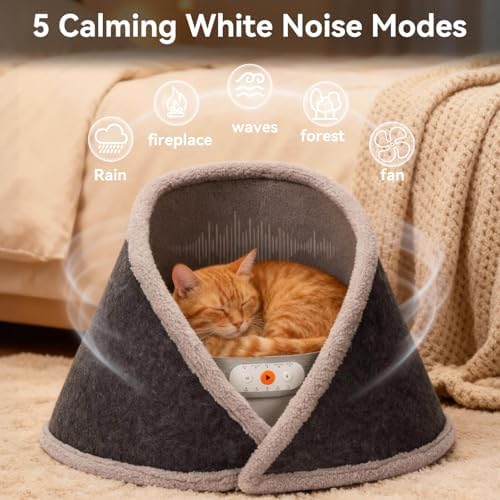 Heated & Cooling Cat Bed with 5 White Noise Modes, Cat Cave Bed with Mat Smart Temperature Control, Indoor Cozy Bed for Small and Medium Cats