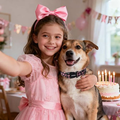 DOGWONG Pink Dog Collar, Comfortable Adjustable Black Pink Bow Girl Female Dog Collar with Plastic Buckle for Large Dogs, Neck 16.5-26 inches