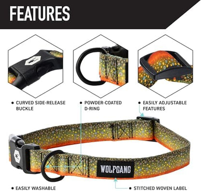 Wolfgang Man & Beast Premium USA Webbing Martingale Dog Collar, BrookTrout Print, Large (1 Inch x 18-22 Inch)