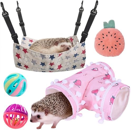 5 Pcs Hedgehog Adjustable Hammock with Hideout Tunnel Interactive Bell Ball Toys Stuffed Toy 3 Way Collapsible Small Pet Tunnels and Tubes Hedgehog Hide Hanging Bed for Cage Accessories