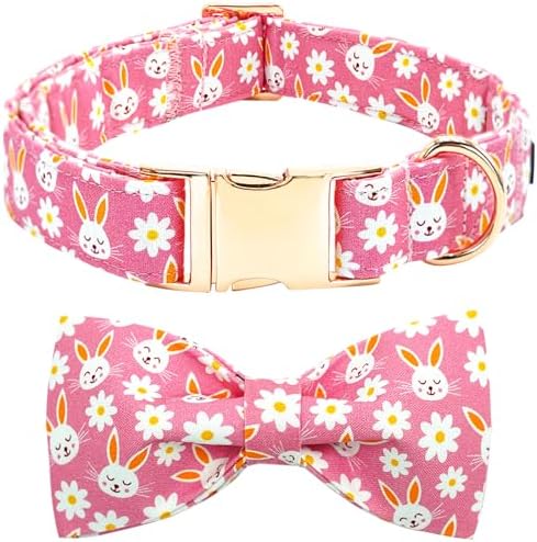Easter Dog Collar-Pink Rabbit Adjustable Cute Pet Collar Soft Pink Flower Dog Collars with Bow Tie Holiday Cotton Metal Buckle Puppy Collar Gift for Medium Dogs