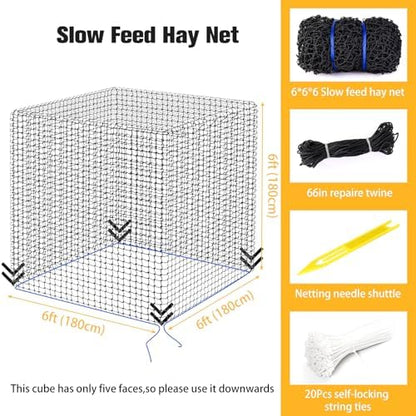 6x6ft Round Bale Hay Net for Horses - Large Size Thick & Durable, Black Nylon Net with 1.75 inch Holes - Square Slow Feed Hay Nets for Horses and Goats - Healthier Feeding Solution.