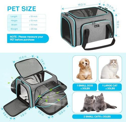 Pet Carrier, Large Soft Sided Expandable Travel Carrier with Steel Frame, Anti-Scratch Mesh, Removable Fleece Pad and Pockets for Cats, Dogs and Small Animals up to 15 lbs (Gray, 5 Sides Expandable)