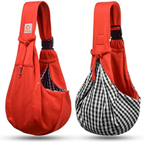 Tomkas Small Dog Cat Sling Carrier Puppy Purse Travel Wrap Soft Crossbody Pet Bag (Red, M - Zip Pocket & Adjust Strap)