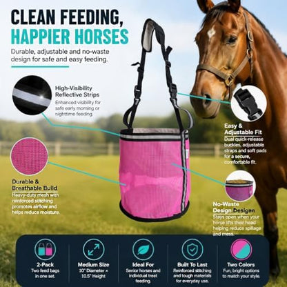 Horse Feed Bag,Heavy Duty Muzzle Feed Bag with Adjustable Strap,Comfort Neck Pad,Nose Pad and Double Waterproof Bottom Mesh Feed Bags for Horse Pack of 2 (Green & Pink(Reflective))