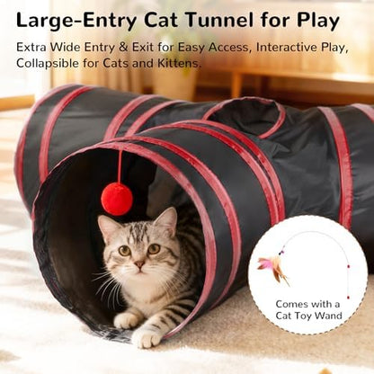 Tempcore Cat Tunnel, 3-Way Collapsible Toy for Indoor Cats, Black & Red