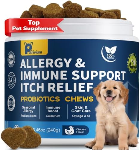 Dog Allergy Relief Chews, Helps Relieve Itchy Skin, Paw Licking & Ear Irritation, Dog Allergy Supplement with Probiotics for Skin & Immune Support, Colostrum & Fish Oil