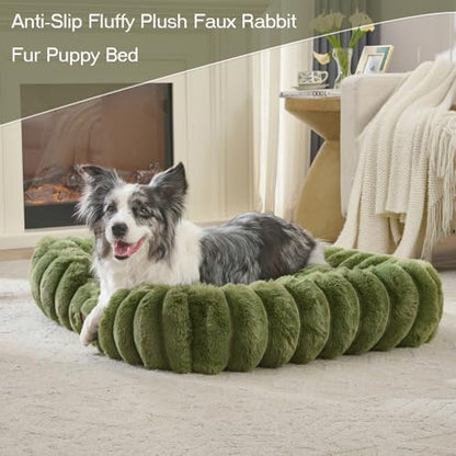 Luxury Dog Beds,Large Sized Dog Washable Furry Pet Beds,Comfort Rectangle Pet Sofa Couch with Ultra,Puppy Beds with Removable Zipper Cover,30x25x7.5inches,Sage Green