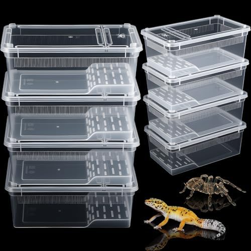 Irenare 8 Pcs Reptile Breeding Box Plastic Spider Terrarium Tarantula Feeding Box for Bearded Dragon Lizard Spider Gecko Scorpion (Vent Strips,Clear,8.6 x 5.1 x 3.1 Inch)