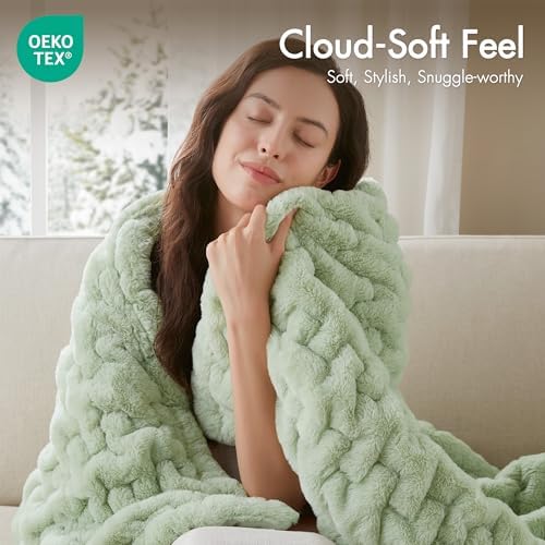 Madison Park Ruched Fur Throw Faux Fur Blanket, 50" x 60", Sage Green