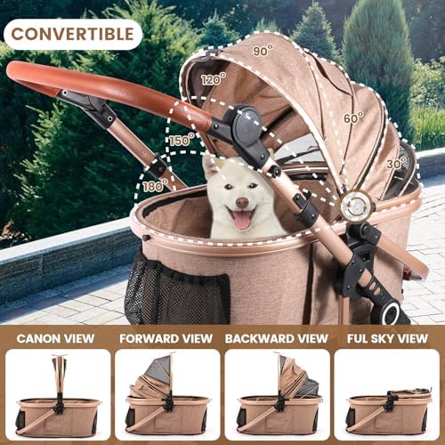 Bicystar Dog Stroller with Detachable Carrier, Rubber Wheels, 50 lbs, Tan