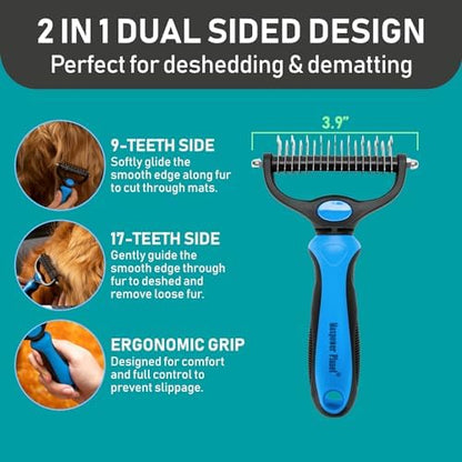 Maxpower Planet Pet Grooming Brush and 2X Grooming Gloves Combo - Double Sided Dematting, Deshedding Undercoat Rake for Dogs and Cats - Reduce Shedding Easily - Blue