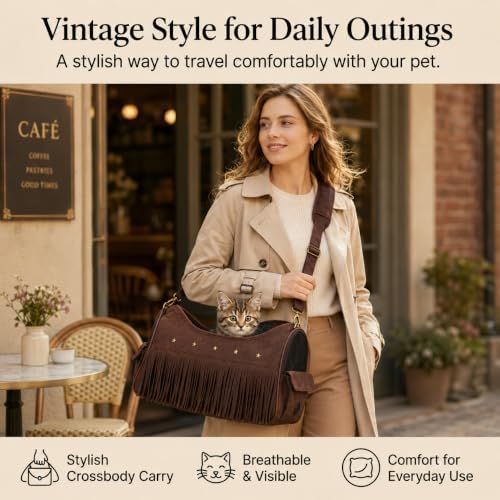 Vintage Pet Carrier Purse for Small Dogs and Cats, Cat Carrier Bag with Upgraded Zipper and Adjustable Shoulder Strap, Breathable Puppy Carrier Handbag for Travel, Walking, Daily Outings (Brown)